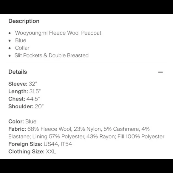 Wooyoungmi Paris fleece wool PeaCoat 1/1 Rare Find IT54 XXL UNI Designer Coat‌
